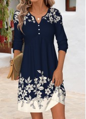 Floral Print Tummy Coverage Navy Long Sleeve Dress