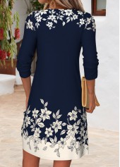 Floral Print Tummy Coverage Navy Long Sleeve Dress