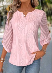 Curved Hem Light Pink 3/4 Sleeve Split Neck Blouse