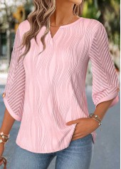 Curved Hem Light Pink 3/4 Sleeve Split Neck Blouse