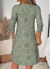 Floral Print Shirred Sage Green Short Long Sleeve Dress