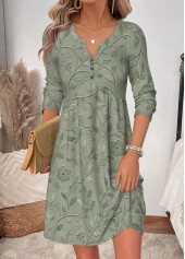 Floral Print Shirred Sage Green Short Long Sleeve Dress