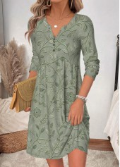 Floral Print Shirred Sage Green Short Long Sleeve Dress