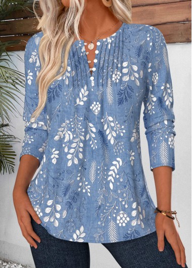 Leaf Print Tuck Stitch Blue Long Sleeve Blouse