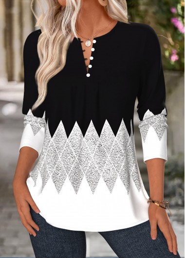Geometric Print Tuck Stitch Black Long Sleeve T Shirt