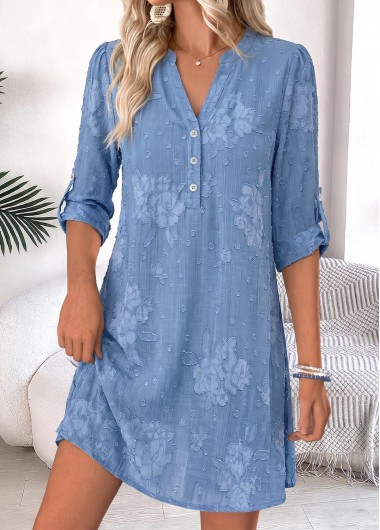 Tummy Coverage Blue Short Long Sleeve Split Neck Dress