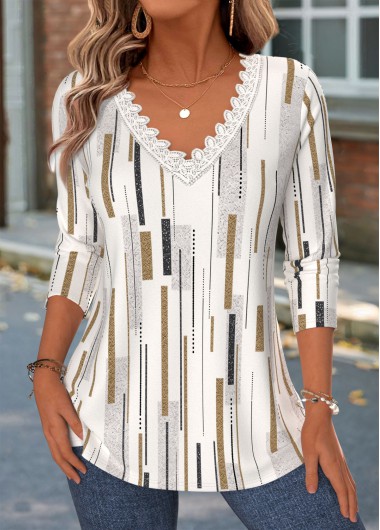 Geometric Print Patchwork Light Camel Long Sleeve T Shirt Geometric Print Patchwork Light Camel Long Sleeve T Shirt