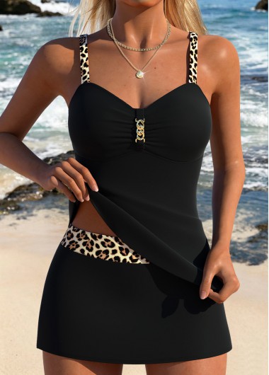 Mid Waisted Leopard Two-piece Black Tankini Set Mid Waisted Leopard Two-piece Black Tankini Set