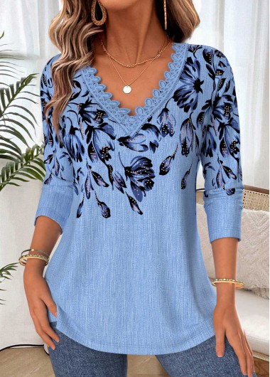 Floral Print Tummy Coverage Blue Long Sleeve T Shirt