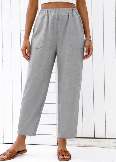 Grey Straight Leg Elastic Waist High Waisted Pants