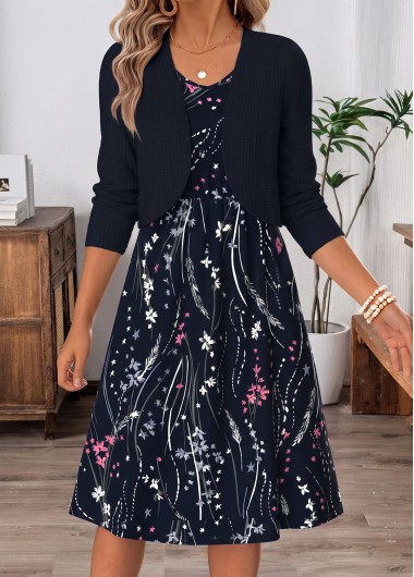 Floral Print Two-piece Navy Long Sleeve Dress and Cardigan