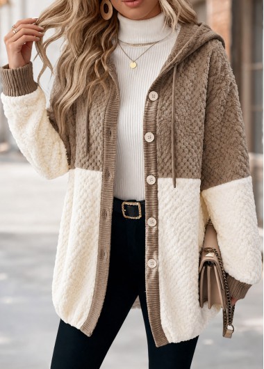 Patchwork Light Camel Long Sleeve Hooded Coat Patchwork Light Camel Long Sleeve Hooded Coat