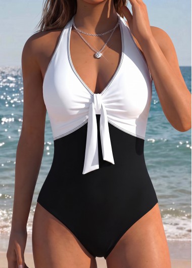 Patchwork Black V-Neck One Piece Swimwear