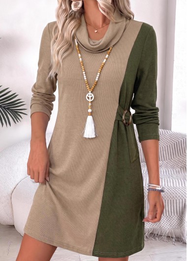 Patchwork Light Camel Short Long Sleeve Cowl Neck Dress