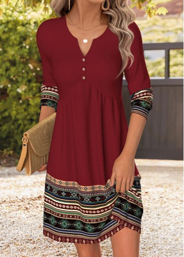 Tribal Print Shirred Wine Red Short Long Sleeve Dress