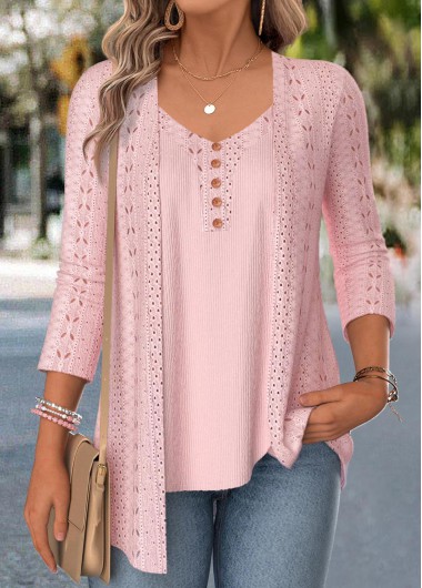 Pink 3/4 Sleeve Fake Two Piece Twinset
