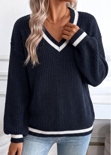 Tummy Coverage Navy Long Sleeve V Neck Sweater