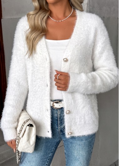 Tummy Coverage White Long Sleeve V Neck Sweater