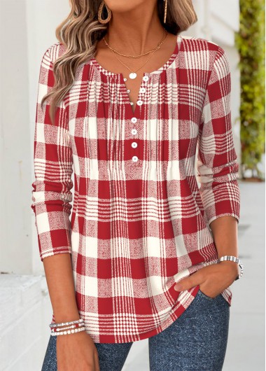 Plaid Tuck Stitch Red Long Sleeve T Shirt