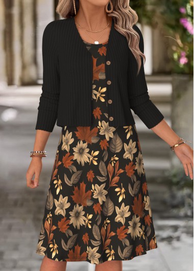 Floral Print Two-piece Multi Color Dress and Cardigan