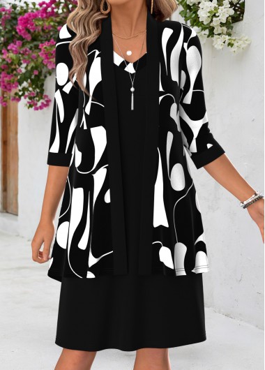 Geometric Print Tummy Coverage Black Dress and Cardigan