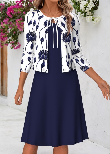 Floral Print Two-piece Navy Long Sleeve Dress and Cardigan