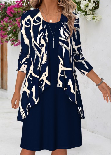 Geometric Print Tummy Coverage Navy Dress and Cardigan
