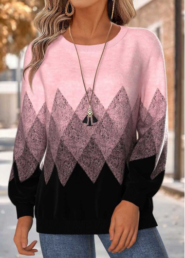 Geometric Print Tummy Coverage Pink Long Sleeve Sweatshirt