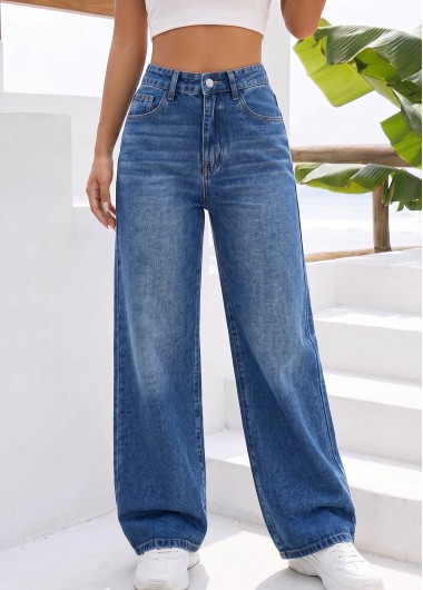 Denim Blue Wide Leg Button Fly High Waisted Jeans Denim Blue Wide Leg Button Fly High Waisted Jeans