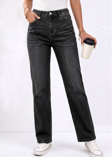 Denim Blue Straight Leg Button Fly High Waisted Jeans
