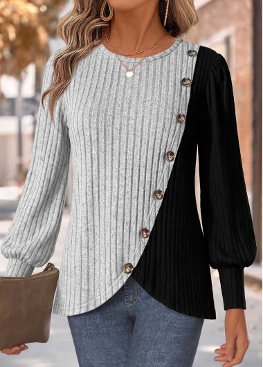 Patchwork Grey Long Sleeve Round Neck T Shirt