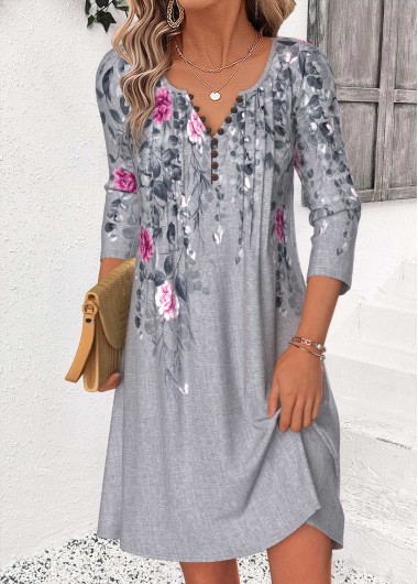 Floral Print Tuck Stitch Dark Grey Marl Short Dress