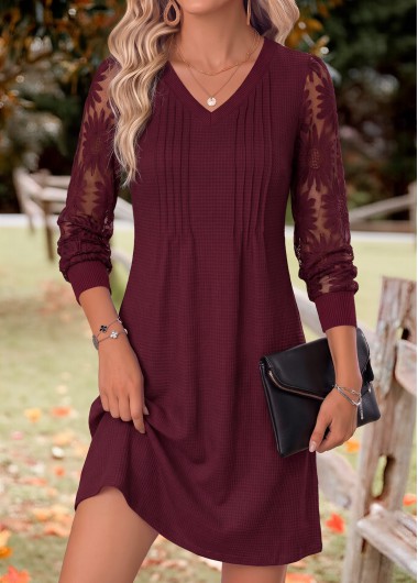 Patchwork Deep Red Long Sleeve V Neck Dress