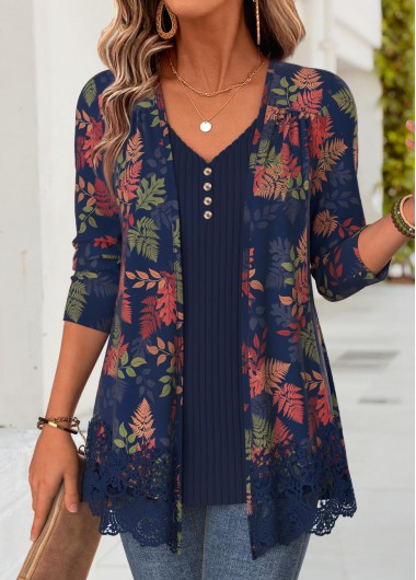 Leaf Print Navy Long Sleeve Fake Two Piece Twinset