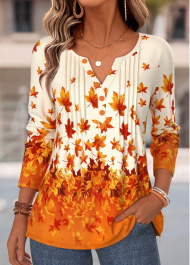 Leaf Print Tuck Stitch Orange Long Sleeve T Shirt