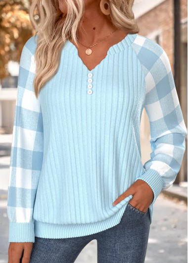 Plaid Button Light Blue Long Sleeve Split Neck Sweatshirt Plaid Button Light Blue Long Sleeve Split Neck Sweatshirt