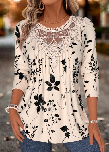Floral Print Patchwork Light Camel Long Sleeve T Shirt