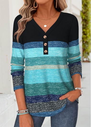 Striped Patchwork Blue Long Sleeve V Neck T Shirt