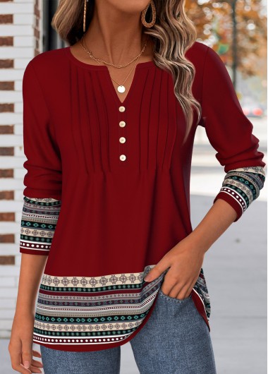 Tribal Print Tuck Stitch Deep Red T Shirt