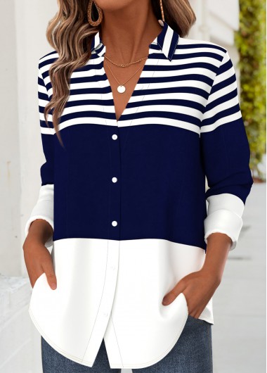 Striped Tummy Coverage Dark Blue Long Sleeve Shirt