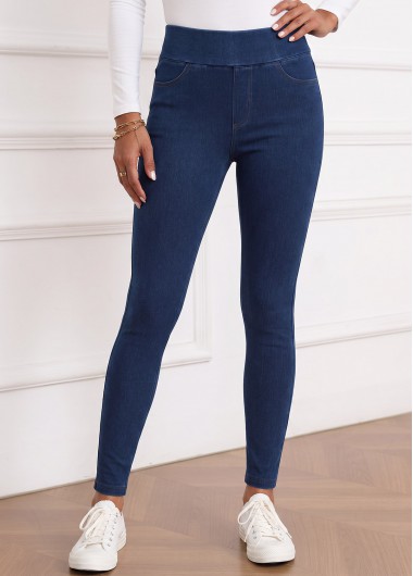 Soft Denim Blue Skinny Elastic Waist High Waisted Jeans