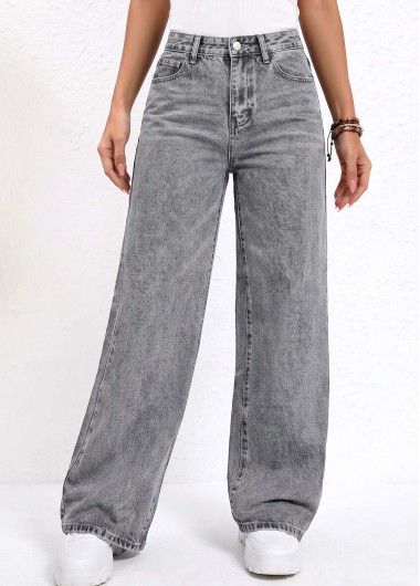 Soft Grey Wide Leg Button Fly High Waisted Jeans