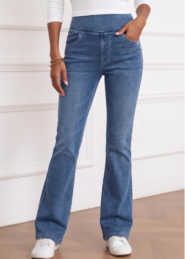 Soft Denim Blue Flare Leg Elastic Waist Jeans