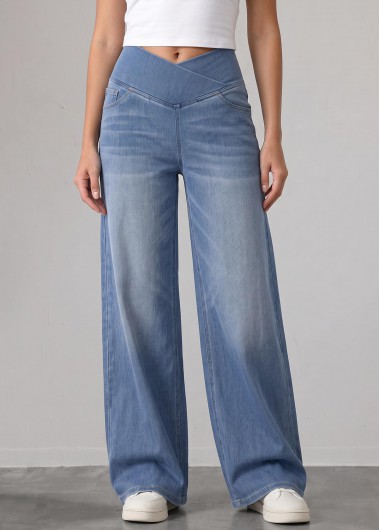 Soft Denim Blue Wide Leg Elastic Waist Jeans
