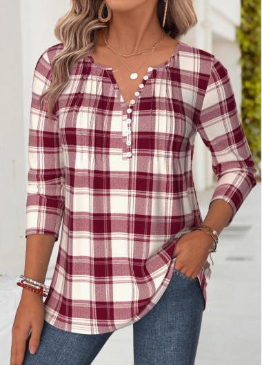 Plaid Tuck Stitch Red Long Sleeve T Shirt