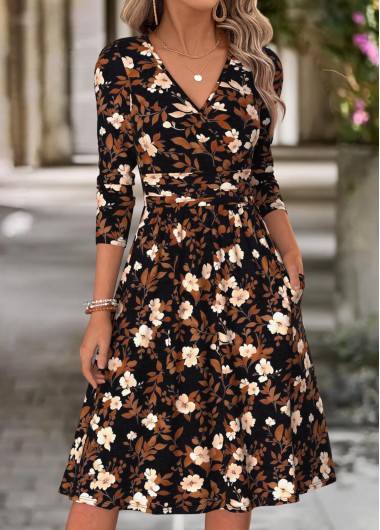 Floral Print Surplice Multi Color Long Sleeve Dress Floral Print Surplice Multi Color Long Sleeve Dress