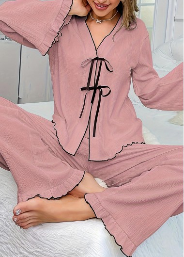 Pink V Neck Long Sleeve Lounge Top and Pants