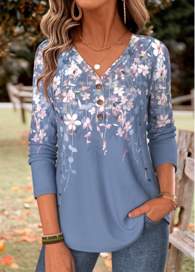Floral Print Curved Hem Blue Long Sleeve T Shirt