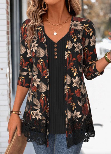 Leaf Print Black Long Sleeve Fake Two Piece Twinset