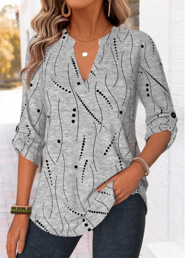 Geometric Print Curved Hem Light Grey Marl Shirt